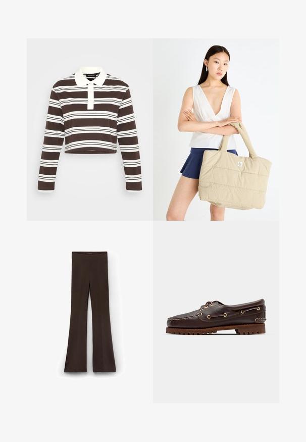 Brun og hvid stribet langærmet polo skjorte med krave, tre-knap lukning og cropped kant. Blødt stof med horisontale striber.; Brune flagrende bukser lavet af strækbart stof med høj talje. Glat tekstur med sømdetaljer, der løber ned ad benene.; Brune læder bådsko med gyldne øjer, runde snørebånd og en struktureret brun gummisål. Har quiltede detaljer og et forhøjet logo.; Beige quiltet tote bag med polstret tekstur og solide håndtag, der har et lille logo på forsiden. Model iført en hvid top og marineblå nederdel.