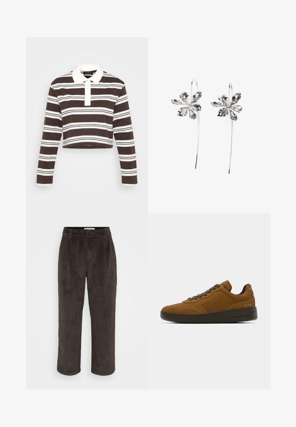 Bruin en wit gestreepte langek mouwen polo shirt met een kraag, een drieknoopsluiting en een cropped zoom. Zachte stof met horizontale strepen.; Bruine corduroy broeken met een rechtse pijpdesign, subtiele textuur en een sluiting met knoop aan de voorkant, plus zijzakken.; Bruine suède sneakers met een textuurfinish, donkere veters en een stevige zool. Bevat een logo op de hak en het zijpaneel.; Zilveren oorbellen in de vorm van bloemen met een gestructureerde afwerking, voorzien van lange haken en bloembladen-achtige details voor een ingewikkeld ontwerp.