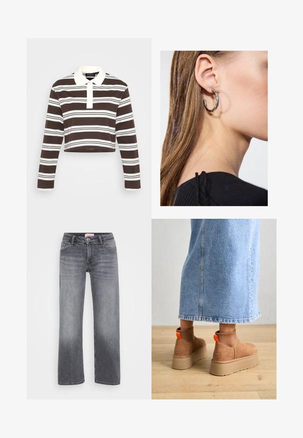 Braun-weiß gestreiftes langärmeliges Polo-Shirt mit Kragen, drei-Knopf-Leiste und cropped Saum. Weicher Stoff mit horizontalen Streifen.; Graue Jeans aus Denim mit geradem Bein, fünf Taschen, dezentem Verblassen und einem Knopfverschluss in der Taille.; Braune Wildleder-Plateau-Stiefel mit elastischen Seitenpaneelen und orangen Zuglaschen, kombiniert mit einem knielangen hellen Jeansrock auf einem Holzboden.; Silberne Creolen mit polierter Oberfläche, die kleine goldene Akzentdetails und eine runde Form aufweisen, am Ohrläppchen getragen.