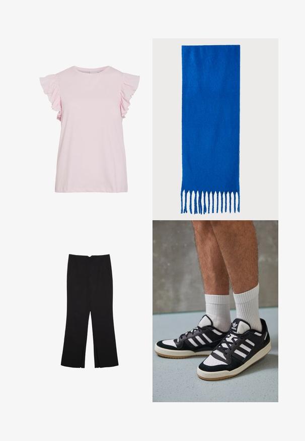 Vaaleanpunainen lyhythihainen paita, jossa on röyhelökoristeet olkapäillä. Sileä puuvillamateriaali, pyöreä kaula-aukko ja rento istuvuus suoran helman kanssa.; Mustat housut suoralinjaisella leikkauksella, joissa on etutaskut ja sivurei'ät helman alla. Valmistettu pehmeästä ja sileästä kankaasta. Sopii eri tilaisuuksiin.; Valkoiset ja mustat tennarit, joissa on mokkanahka- ja nahkapäällinen, kolme valkoista raitaa, rei'itetty kärki ja kumipohja.; Sininen fringekangas, joka on valmistettu pehmeästä materiaalista; siinä on yksivärinen pinta ja tasaisesti leikattu fringejalkeen alareunassa.