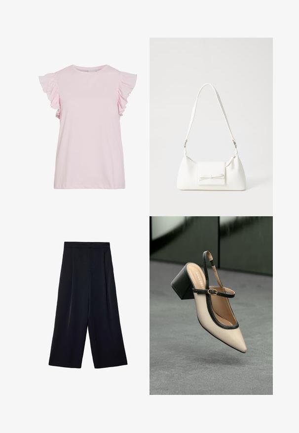 Svetle růžový top s krátkým rukávem a volánkovými detaily na ramenou. Hladký bavlněný materiál, kulatý výstřih a volný střih se rovného zakončení.; Široké černé kalhoty vyrobené z lehkého materiálu. Mají plisovaný přední díl, vysoký pas a volný střih kolem nohou.; Beige boty s špičatou špičkou a otevřenou patou, černými detaily, zlatou přezkou a silným blokovým podpatkem, na šedé podlaze s tmavě zeleným pozadím.; Bílá syntetická kabelka v trojúhelníkovém tvaru, s plochým předním klopným víkem a detailem mašle, nastavitelným popruhem, hladkým povrchem a minimalistickým designem.