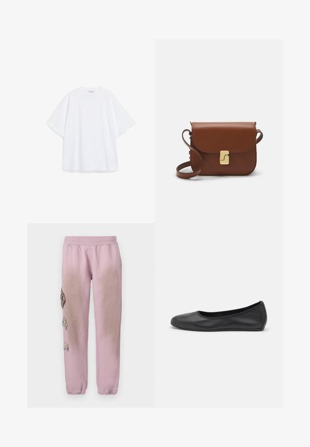 Bílá bavlněná trička s krátkým rukávem, kulatým výstřihem a uvolněným střihem. Hladká textura bez viditelných vzorů nebo akcentů.; Růžové tepláky s elastickým pasem, které mají dekorativní nášivky ve tvaru diamantů na levé straně a elastické manžety u kotníků.; Černé kožené baletní byty s kulatou špičkou, hladkou texturou, minimálními švy a flexibilním designem podrážky.; Hnědá kožená kabelka s klopou, zlatými kovovými detaily, ramenním popruhem a hladkým povrchem. Kompaktní obdélníkový tvar.