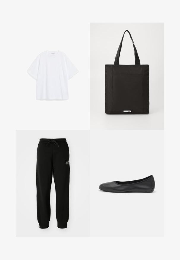 White cotton T-shirt with short sleeves, a round neck, and a relaxed fit. Smooth texture with no visible patterns or accents.; Black jogger pants made of soft cotton blend, featuring an elastic waistband, drawstring, and tapered ankle cuffs. Includes front logo detail.; Black leather ballet flat with a rounded toe, smooth texture, minimal stitching detail, and a flexible sole design.; Black tote bag made of durable fabric, featuring flat sides, dual straps, and a logo tag on the front. Clean design and simple texture.