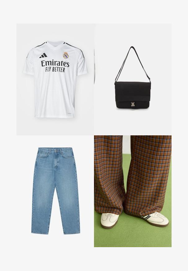 Maglietta da calcio bianca a maniche corte con scollo a V, dotata di righe nere sulle spalle, logo "Emirates Fly Better" e emblema del club.; Jeans a gamba larga in denim azzurro chiaro con vita alta, dotati di cinque tasche, passanti per cintura e una consistenza morbida e leggermente sbiadita.; Pantaloni a pieghe larghi a quadri marroni e blu abbinati a scarpe bianche con dettagli neri e suole testurizzate, posizionati su uno sfondo verde.; Borsa a tracolla nera realizzata in materiale liscio, con un lembo pieghevole, hardware in metallo argentato e una tracolla regolabile.