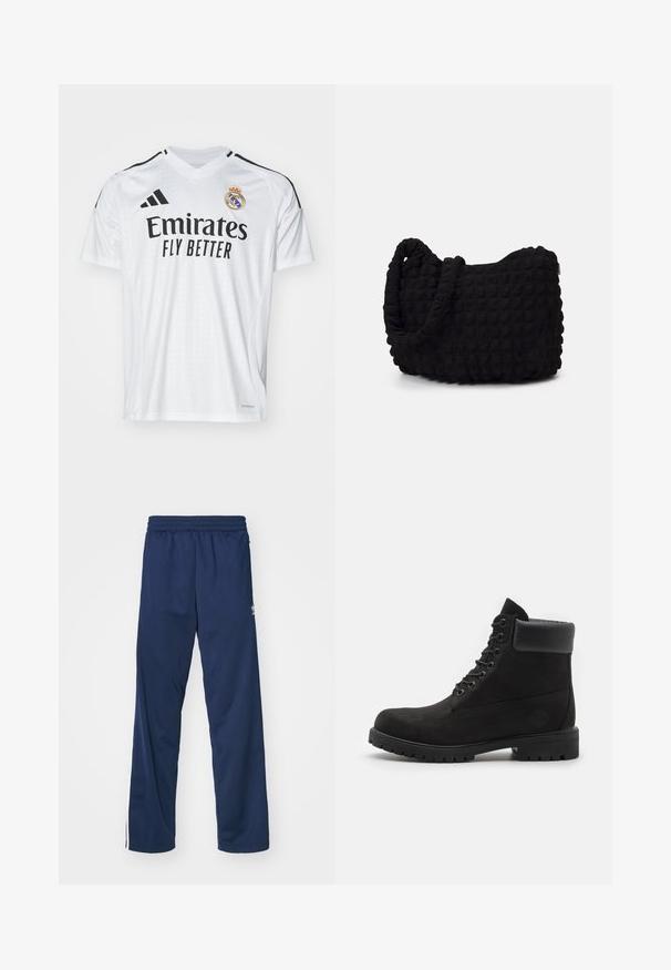 Maillot de football blanc à manches courtes avec un col en V, présentant des rayures noires sur les épaules, le logo "Emirates Fly Better" et l'emblème du club.; Pantalons de sport bleu marine avec une taille élastique, présentant des bandes latérales blanches et un accent de logo sur la cuisse gauche.; Bottine noire à lacets avec col rembourré et semelle robuste, présentée de profil sur fond blanc.; Sac en tissu noir avec un motif texturé et matelassé. Forme arrondie, poignées courtes et épaisses, et structure souple et flexible.