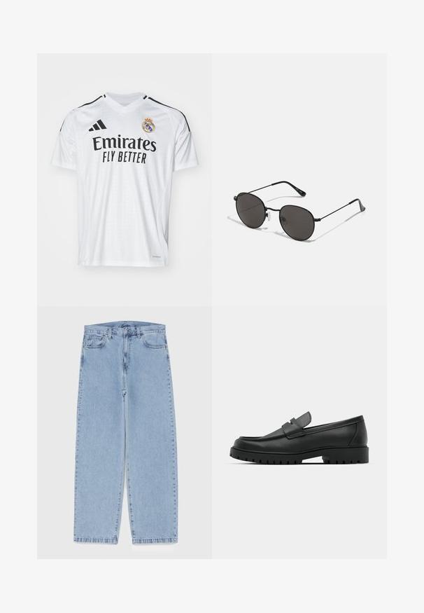 Camisa de futebol branca de manga curta com decote em V, apresentando riscas pretas nos ombros, o logo "Emirates Fly Better" e o emblema do clube.; Jeans de denim azul claro com design de perna reta, apresentando uma cintura de altura média, cinco bolsos e um fecho de botão e zíper.; Sapatilhas de couro preto com bico arredondado, apresentando um design cosido, sola de plataforma baixa e um solado de borracha texturizado e com cravos.; Óculos de sol redondos com uma leve armação em metal preto, lentes escuras e almofadas de nariz ajustáveis. As hastes apresentam um detalhe discreto da marca.