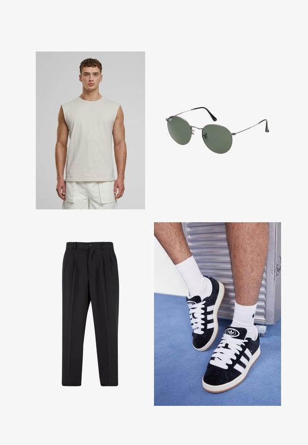 Urban Classics OPEN EDGE SLEEVELESS - Topp - cloud; Mustad püksid, millel on voltidega eesmine disain, valmistatud siledast kangast. Omab nup closure ja vöökinnitusauke; sirge jalgade lõige.; Mustad nahkjalatsid valgete paelte ja kolme valge triibuga. Omab ümmargust musta logo keele peal ning kummist tallat.; Metallist raamistikuga prillid ovaalsete roheliste läätsedega. Õhuke hõbedane metallraam ja mustad kõrvakatted. Minimalistlik disain, nähtavad logod puuduvad.