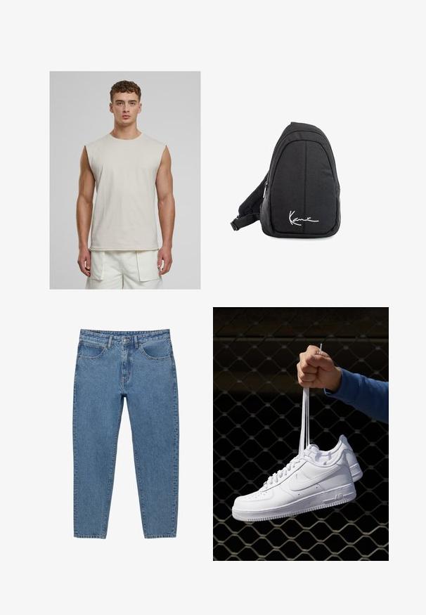 Urban Classics OPEN EDGE SLEEVELESS - Top - cloud; Blue denim jeans with a straight leg cut, five pockets, and a zip fly. Features visible stitching and a faded texture.; White leather sneakers with perforations, round toe, flat sole, and thick laces, featuring a visible swoosh logo and "AIR" on the heel.; Black fabric sling backpack with a smooth texture, featuring a curved design, zippered compartment, and a white logo on the front.