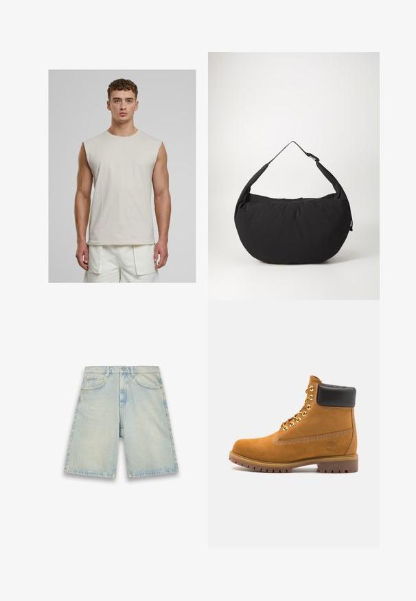Urban Classics OPEN EDGE SLEEVELESS - Top - cloud; Hellblaue Denim-Shorts mit lockerer Passform, fünf Taschen, leichter Waschung und sichtbaren Nähten. Mit einem Knopf- und Reißverschlussverschluss.; Beige Wildleder-Ankle-Boot mit schwarzem gepolstertem Kragen, goldenen Metallösen, weißen Nähdetalben und einer robusten Gummisohle mit ausgeprägtem Profil.; Schwarze Schultertasche aus Stoff mit geschwungener Form, ausgestattet mit einem einzigen Tragegurt und einem Reißverschluss. Weiche Textur, minimalistisches Design.