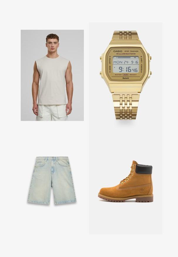 Urban Classics - Top; Jasnoniebieskie szorty dżinsowe o luźnym kroju, z pięcioma kieszeniami, lekkim przetarciem i widocznym przeszyciem. Posiadają zapięcie na guzik i zamek błyskawiczny.; Beżowe zamszowe botki sięgające kostki z czarną wyściełaną krawędzią, złotymi oczkami, białymi detalami szycia oraz wytrzymałą gumową podeszwą z wyraźnym bieżnikiem.; Złoty cyfrowy zegarek na nadgarstek o prostokątnej tarczy, funkcja krokomierza, wodoszczelność i metalowa bransoleta. Wyświetla godzinę i datę.