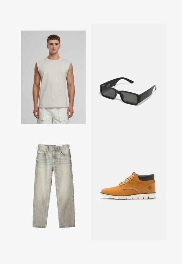 Urban Classics OPEN EDGE SLEEVELESS - Top - cloud; Svijetlosivi traperice s opuštenim krojem, ravnim nogavicama, izblijedjelim završetkom, pet džepova i metalnim kopčanjem.; Smeđi antilop čizmi do gležnja s podstavljenim okovratnikom, s zlatnim rupicama i vezicama, kontrastnim šavovima i bijelom gumenom potplatom.; Crne sunčane naočale s pravokutnim lećama, okvirom od mat plastike i ravnim rubovima. Sadrži logo branda na unutarnjoj strani drške.