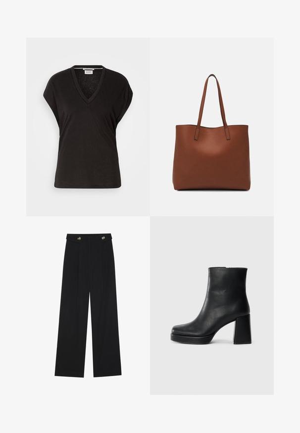Schwarzes V-Ausschnitt-T-Shirt mit kurzen Ärmeln, das einen lockeren Schnitt und eine leichte, weiche Textur aufweist. Sauberes, schlichtes Design ohne Verzierungen.; Schwarze weite Hosen mit hoher Taille, Knopfdetails am Bund und vorderen Falten.; Schwarze Leder-Stiefelette mit Blockabsatz und Plattformsohle, seitlich auf einem schlichten weißen Hintergrund betrachtet.; Braune Leder-Tote mit glatter Textur, offenem Oberteil und zwei Schulterriemen. Verfügt über minimale Nähte und keine sichtbaren Beschläge.