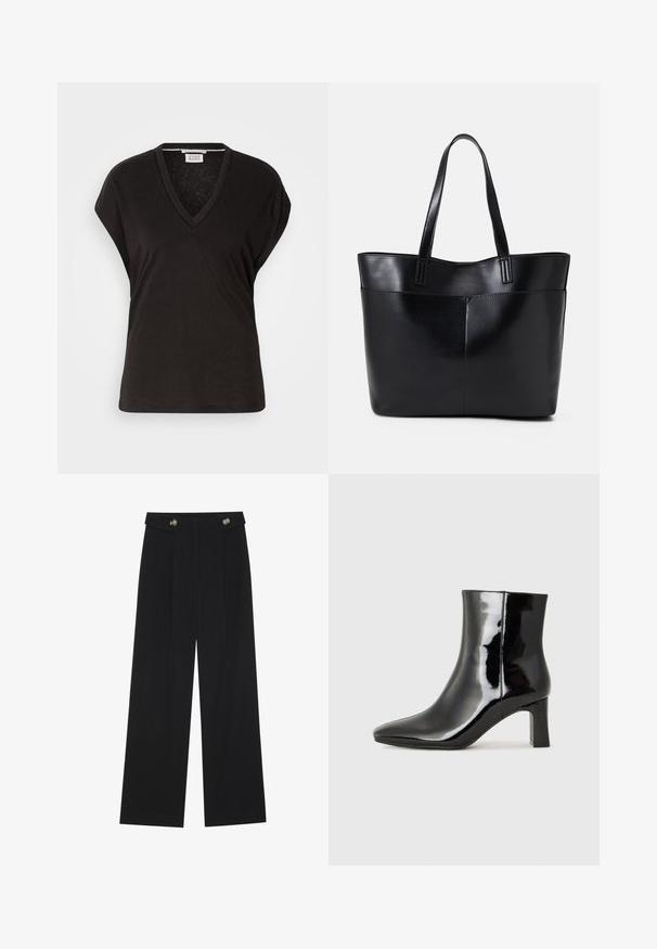 Čierne tričko s výstrihom do V a krátkymi rukávmi, so voľným strihom a ľahkým, jemným materiálom. Čistý, jednoduchý dizajn bez ozdôb.; Čierne široké nohavice s vysokým pásom, so zapínaním na gombíky na páse a prednými sklady.; Čierne lakované členkové topánky s špicatou špičkou a stredne vysokým blokovým podpätkom. Hladká textúra a minimalistický dizajn.; Čierna kožená tote taška s dvoma dlhými rúčkami, hladkým povrchom a štruktúrovaným tvarom. Obsahuje prednú kapsu pre dodatočné uskladnenie.