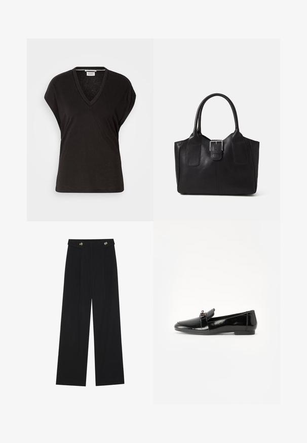 Czarny t-shirt z dekoltem w serek i krótkimi rękawami, o luźnym kroju i lekkiej, miękkiej teksturze. Czysty, prosty design bez ozdób.; Czarne szerokie spodnie z wysokim stanem, z detalami w postaci guzików na pasku oraz plisami z przodu.; Czarne lakierowane loafery z płaską podeszwą, zaokrąglonym noskiem i dekoracyjnym paskiem z złotym akcentem. Gładkie, błyszczące wykończenie.; Czarna skórzana torba tote o gładkiej fakturze, usztywnionym kształcie, dwóch uchwytach oraz wyraźnym srebrnym zapięciu na przodzie.
