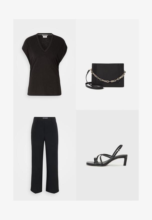 Juodas v-kaklo marškinėliai su trumpomis rankovėmis, pasižymintys laisvu siluetu ir lengvu, minkštu audiniu. Švarus, paprastas dizainas be papuošimų.; Juodi plačių kojų kelnių dizainas su lygiu paviršiumi, plokščiu juosmeniu ir šoniniais kišenėmis, sukurtas minimalistinės estetikos.; Juodi šlepetės su kvadratiniu pirštu ir žemu bloku kulnu. Yra keli ploni dirželiai ir reguliuojamas kulkšnies diržas. Pagaminti iš lygios odos.; Juodas odinis per petį nešiojamas krepšys turi lygų paviršių, stačiakampio formą ir metalinę grandinėlę priekyje. Pridedama reguliuojama dirželis.