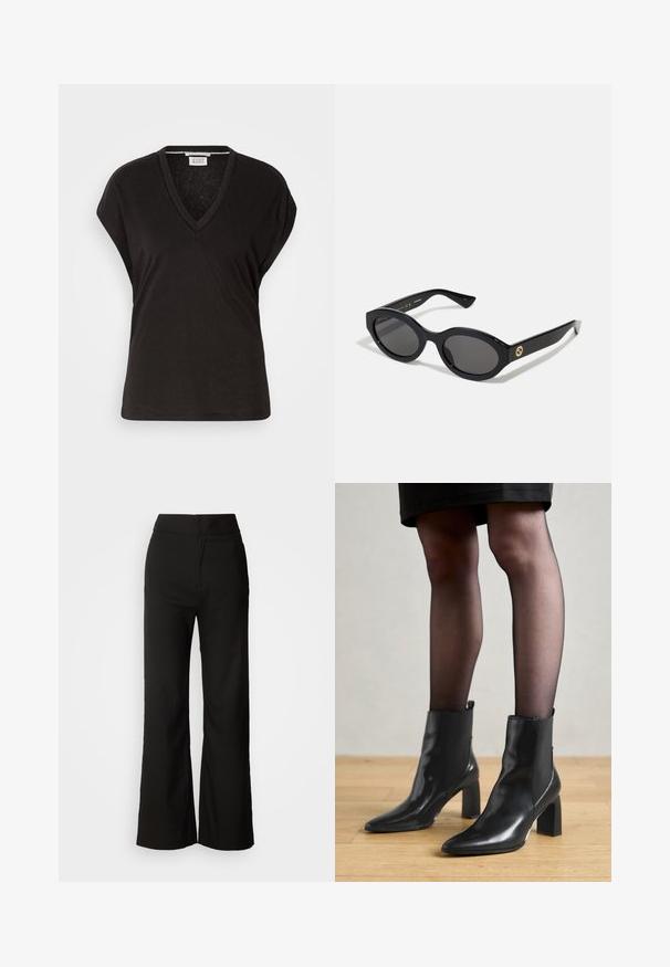 Mustakangasta lyhyet hihat t-paita, jossa on rento malli ja kevyt, pehmeä rakenne. Siisti, yksinkertainen muotoilu ilman koristeita.; Mustat leveät housut, joissa on sileä pinta, korkea vyötärö ja siisti muotoilu. Ei näkyviä taskuja tai koristuksia.; Mustat nahkasaappaat nilkkamittaisella varrella, terävässä kärjessä, paksussa neliömassassa ja tyylikkäässä muotoilussa. Varustettu joustavilla sivupaneeleilla, jotka helpottavat pukemista.; Mustat soikeat aurinkolasit tummilla linsseillä ja kiiltävästä muovista valmistetulla kehällä. Varustettu kullanvärisellä logolla temppeleissä, tarjoten tyylikkään ja modernin muotoilun.