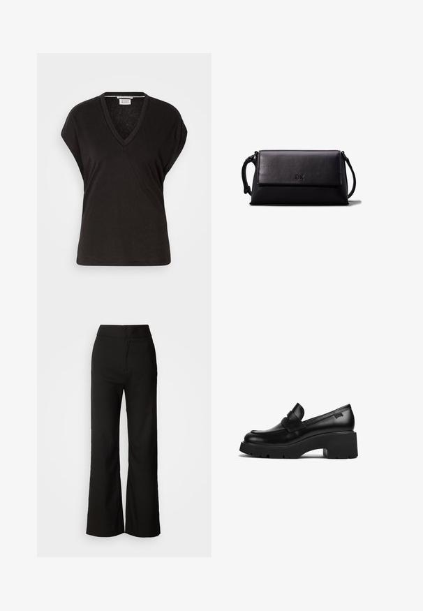 Melnā v-veida t-kreklā ar īsām piedurknēm, kas izceļas ar brīvu piegriezumu un vieglu, mīkstu tekstūru. Tīrs, vienkāršs dizains bez rotājumiem.; Melni platlegu bikses ar gludu tekstūru, augsto vidukli un tīru dizainu. Nav redzamu kabatu vai rotājumu.; Melnas ādas chunky papēža loafers ar biezu zoli un siksniņas detaļu pāri augšai, attēlots no sāna uz baltas fona.; Melna ādas maku ar taisnstūra formu, gludu tekstūru, platu aizdari un nelielu rokturi sānos. Satur diskretu logo.; Zelta riņķveida auskari ar tekstūru un neregulāru formu. Iekļauj bezšuvju aizdari un pulētu virsmas apdari, uzsverot mūsdienīgu dizainu.