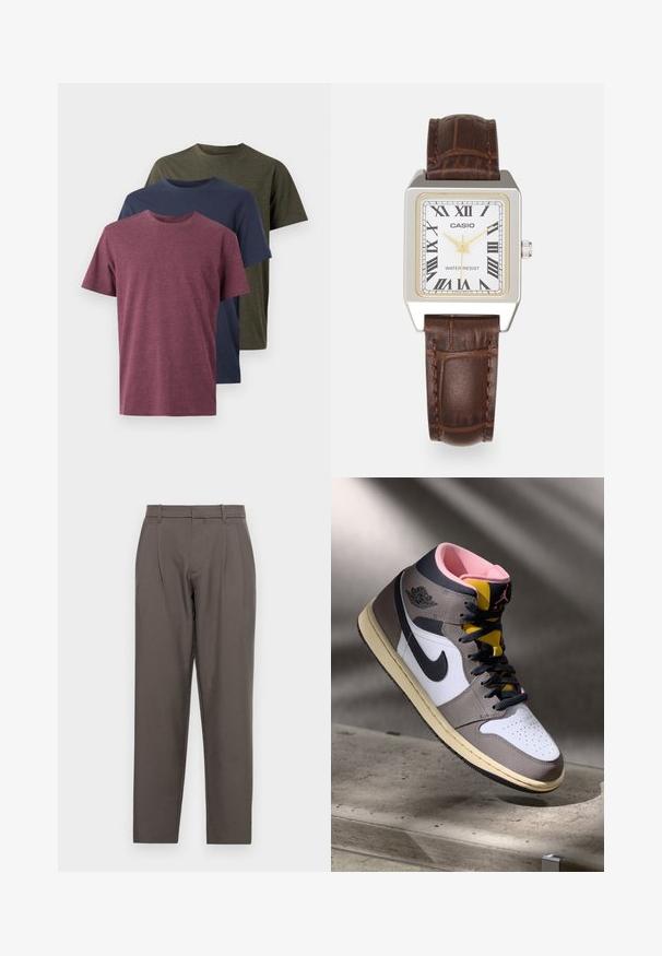 Tres camisetas de algodón expuestas: burdeos, azul marino y verde oliva. Diseño de cuello redondo, con mangas cortas y un acabado suave y texturizado.; Jack & Jones JPSTBILL JJDAYTONA WIDE - Pantalones - pavement; Zapatilla alta Nike Air Jordan en blanco, gris y negro, con interior rosa y lengüeta amarilla, colocada sobre una superficie de concreto.; Reloj rectangular Casio con cara blanca, acentos en oro, números romanos y correa de cuero con patrón de cocodrilo marrón. Diseño resistente al agua.