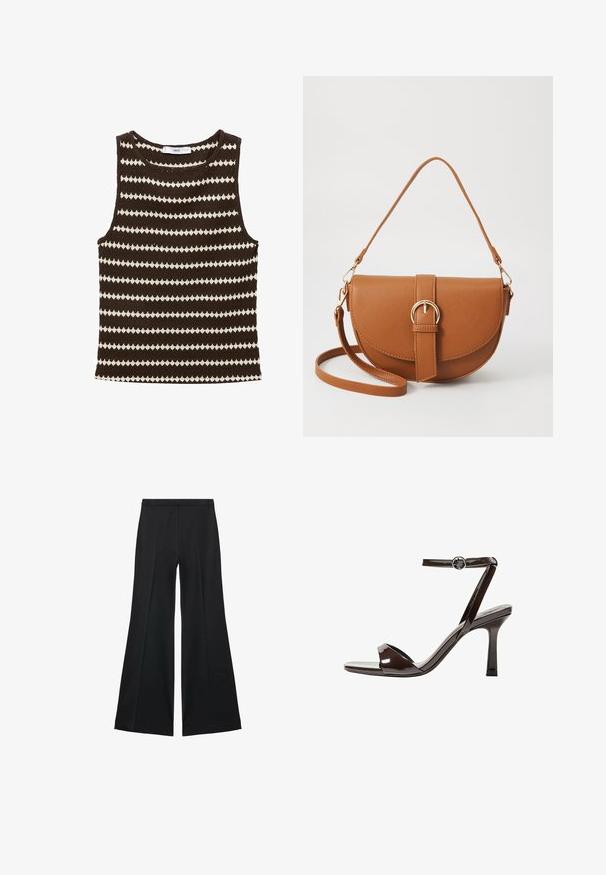 Brown knit tank top featuring alternating cream zigzag stripes, a round neckline, and no sleeves, ideal for warm-weather wear.; Black wide-leg pants with a smooth texture, featuring front pleats and a tailored design. The fabric is lightweight and flowy.; Brown patent leather high-heeled sandal with an ankle strap, open toe, and a sleek, minimalist design. Features a square heel.; Brown leather crossbody bag with a curved shape, gold hardware, and a buckle accent. Features a detachable shoulder strap.