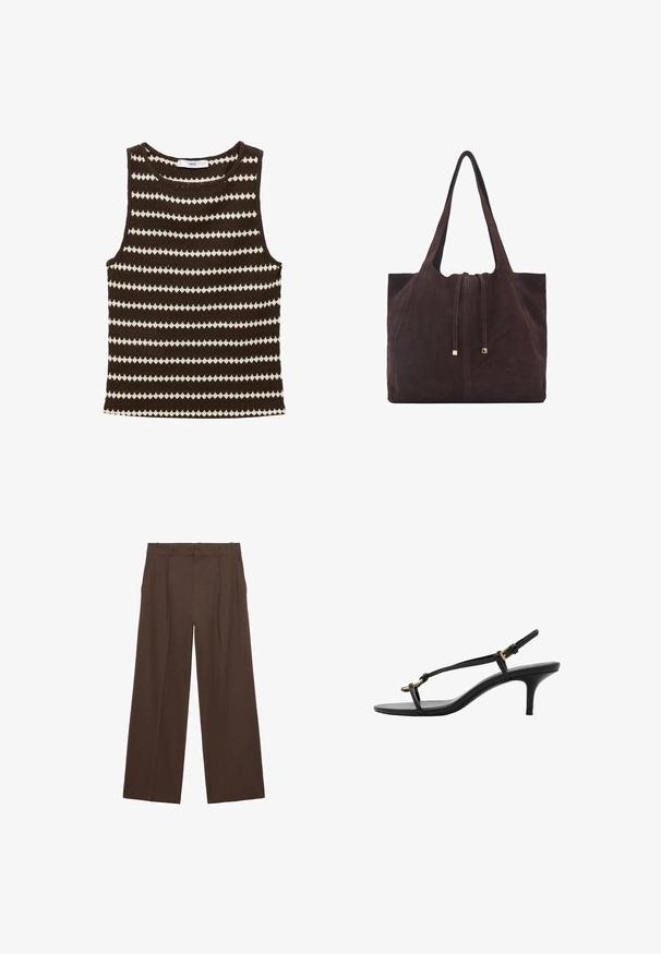 Hnedý pletený top bez rukávov s striedavými krémovými cik-cak pruhmi, okrúhlym výstrihom, ideálny na nosenie v teplom počasí.; Hnedé široké nohavice vyrobené z hladkej látky, s vysokým pásom, prednými záhybmi a dvoma bočnými vreckami.; Čierne kožené sandále na malom podpätku s tenkými pásikmi, zlatou prackou a minimalistickým prstovým pásikom na bielom pozadí.; Mango Veľká kabelka - dark brown