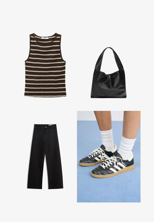 Top in maglia marrone con strisce zigzag alternate color crema, scollatura rotonda e senza maniche, ideale per essere indossato in climi caldi.; Pantaloni in denim neri a gamba larga con vita alta, dotati di tasche anteriori e posteriori, cuciture a punto, e chiusura con bottone. Texture liscia.; Sneaker in pelle nera con strisce bianche, punta rotonda, lacci bianchi e suola in gomma. Menzionate del collare imbottito e dettagli del marchio.; Borsa tote in pelle nera con un design morbido e floscio, manici larghi e una texture liscia. Nessun hardware o decorazione visibile.