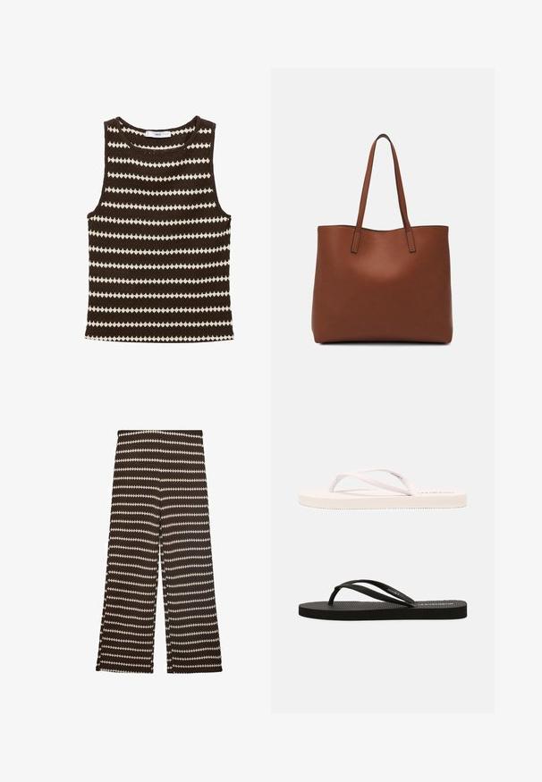 Brown knit tank top featuring alternating cream zigzag stripes, a round neckline, and no sleeves, ideal for warm-weather wear.; Wide-leg pants in dark brown with contrasting cream zigzag stripes. Made of textured fabric, featuring a comfortable mid-rise waist.; White and black rubber flip-flops with textured footbeds, thin straps, and contrasting colors. Each pair has a simple design and minimal branding.; Brown leather tote bag with a smooth texture, open top design, and two shoulder straps. Features minimal stitching and no visible hardware.