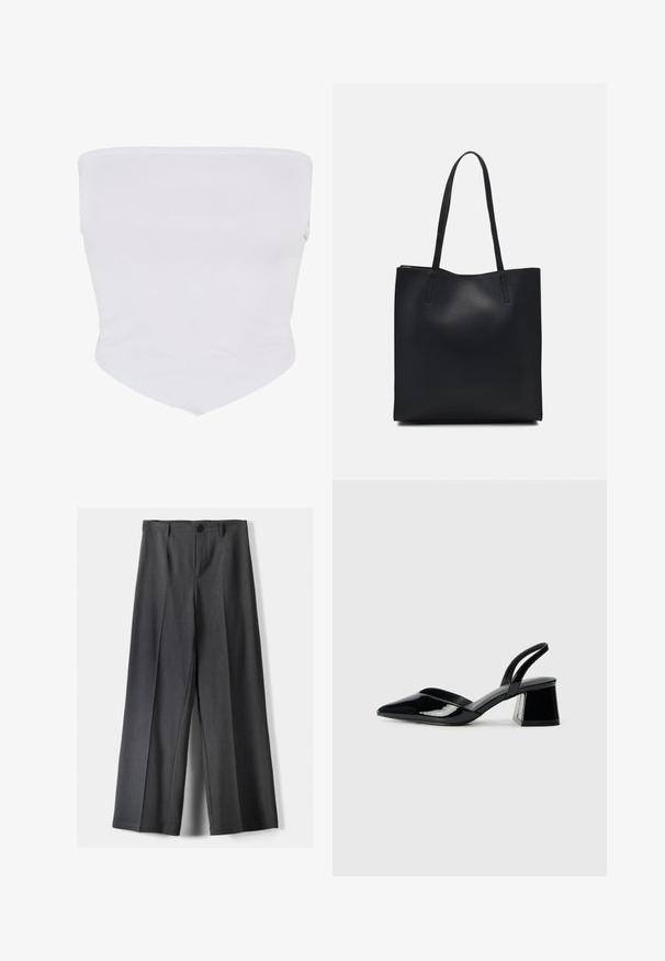 Bílý, bezešvý top do půl těla vyrobený z měkké, elastické látky. Má hladký povrch a špičatý lem ve spodní části pro přizpůsobený vzhled.; Kalhoty s širokými nohavicemi vyrobené z tmavě šedé látky, s knoflíkovým zapínáním, předními sklady a poutky na pásek. Hladká textura s přizpůsobeným střihem.; Černé lakované kožené lodičky na pásku s špičatou špičkou a geometrickým blokovým podpatkem. Vyznačují se elegantním, minimalistickým designem a hladkým povrchem.; Černá kožená taška přes rameno s hladkým povrchem, obdélníkovým tvarem a dvěma dlouhými uchy. Žádné viditelné kování ani ozdoby.