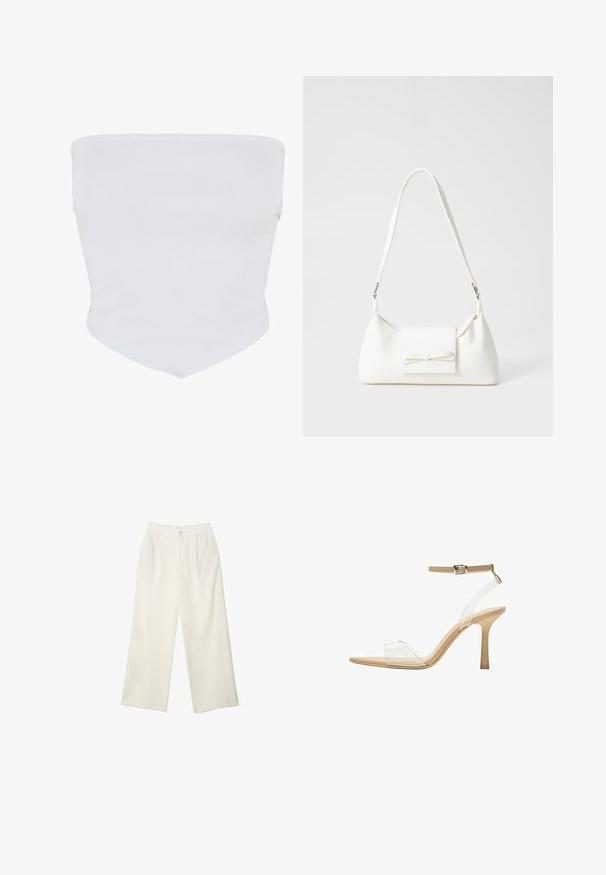 Bijela, bešavna tube majica napravljena od mekanog, rastezljivog materijala. Ima glatku teksturu i šiljati rub na dnu za prilagođeni izgled.; Hlače širokih nogavica od kremaste tkanine s glatkom teksturom, s jednim prednjim gumbom, suptilnim plitvicama i visokim strukom.; Sandal s prozirnim potplatom i prozirnim gornjim dijelom, bež uloškom i tankim remenom oko gležnja. Ima špicasti vrh i tanak visoki potplat.; Bijela sintetička torbica s trokutastim oblikom, ravnim prednjim poklopcem i detaljem u obliku mašne, podesivom remenom, glatkom teksturom i minimalističkim dizajnom.