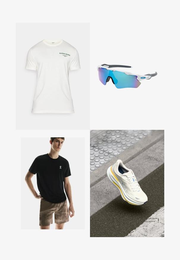 Balta medvilninė marškinėliai trumpomis rankovėmis, apvaliu iškirpimu ir žaliai spausdinta logo "BJÖRN BORG STOCKHOLM 1986" kairėje krūtinės pusėje.; On PERFORMANCE AOP - Sportiniai šortai - cinder; Baltos ir geltonos HOKA sportbačiai kabo virš tekstūruoto šaligatvio ir kelio borto prie pėsčiųjų pereigos.; Akiniai nuo saulės su balta rėmeliu, pilkų akcentų ir mėlynais veidrodiniais objektyvais. Sportiškas dizainas, aplink galvą prilipusios formos ir reguliuojamos nosies pagalvėlės.