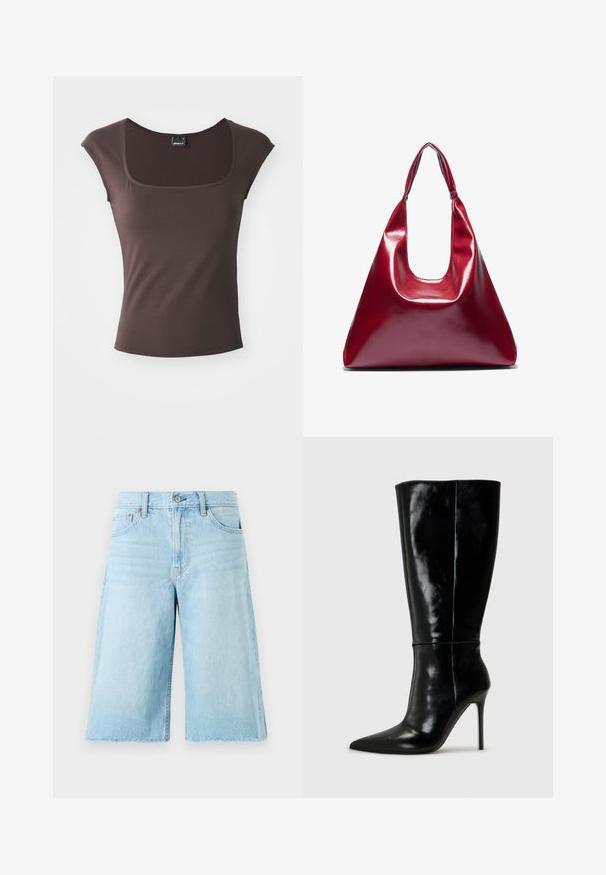 Top chocolat à manches courtes avec un décolleté carré, fabriqué en tissu lisse. Dispose d'une coupe ajustée et de bords nets et ourlés.; Shorts en denim bleu clair avec une coupe ample, ourlet effiloché, cinq poches et quincaillerie en métal. Design classique de jeans avec un dégradé subtil.; Bottes noires en cuir, hautes jusqu'au genou, avec un bout pointu et un talon aiguille haut. Texture lisse et design épuré, avec un minimum de détails.; Sac à main en cuir laqué rouge de forme triangulaire, avec une large ouverture en haut et une seule anse courbée. Texture lisse avec des détails de couture minimaux.; Ensemble de douze boucles d'oreilles créoles en tons argent et or. Comprend des designs torsadés, lisses et texturés avec différentes tailles et finitions.
