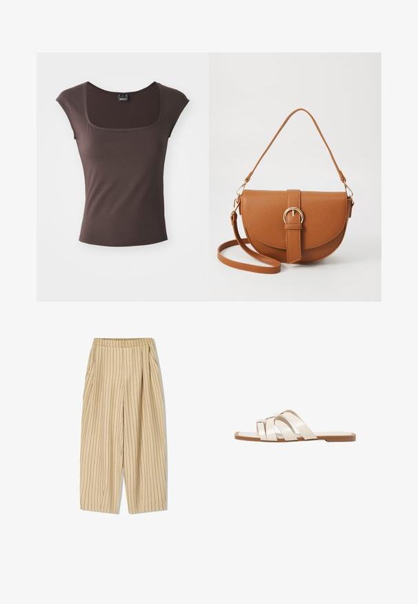 Brown short-sleeved top with a square neckline, made from smooth fabric. Features a fitted design and clean, hemmed edges.; Beige striped trousers with an elastic waistband, featuring two side pockets, a loose fit, and vertical black pinstripes for detail.; Flat sandals with a tan rubber sole, designed with three overlapping white leather straps and a small bow detail at the center.; Brown leather crossbody bag with a curved shape, gold hardware, and a buckle accent. Features a detachable shoulder strap.