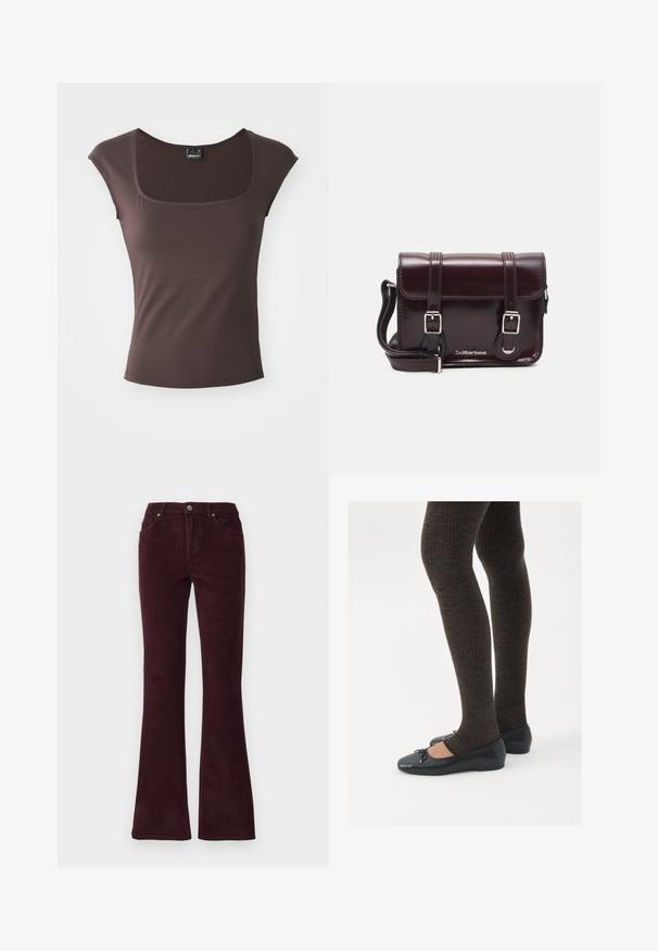 Top marrone a maniche corte con scollatura quadrata, realizzato in tessuto morbido. Presenta un design aderente e bordi puliti e rifiniti.; Pantaloni a palazzo in corduroy bordeaux con una texture morbida, cinque tasche e chiusura con bottone metallico in vita.; Scarpe nere a flat con un piccolo fiocco sulla punta, abbinate a collant a coste marrone scuro. Le scarpe hanno una texture liscia e un profilo basso.; Borsa a tracolla in pelle verniciata bordeaux con forma rettangolare, due manici, accessori in argento e chiusura a patta.