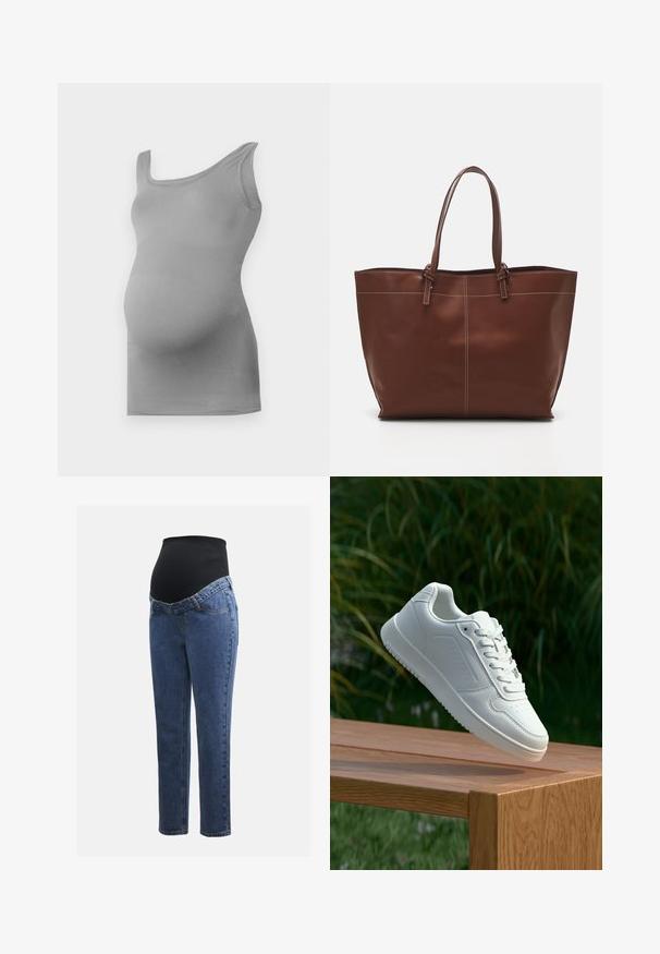 Grå ammetopp laget av glatt, elastisk stoff. Den har brede skulderstropper og en kroppsnær design som fremhever den runde magen.; Graviditetsjeans med ben i blå denim og et svart elastisk magepanel designet for å støtte og dekke en voksende buk.; Hvite sneakers med en glatt syntetisk overdel, perforert tåboks, flate snørebånd og en teksturert såle, vist på en treflate.; Brun lær tote bag med dobbelthåndtak, har kontraststing og en romslig design, egnet for daglig bruk.