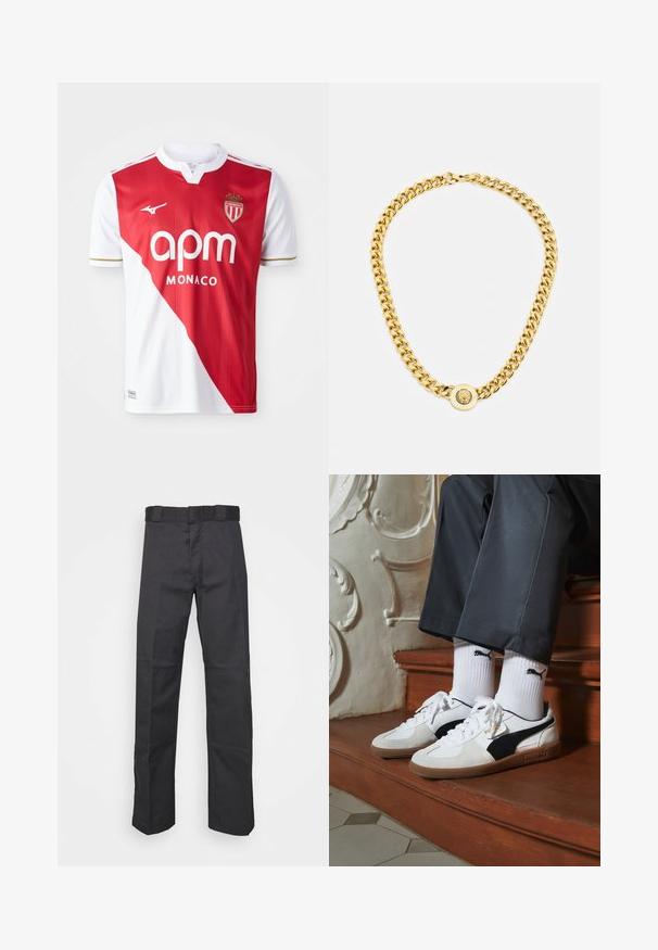 Sarkans un balts īsām piedurknēm futbola krekls ar diagonālu krāsu bloku, zelta akcentiem, zīmola logotipu un ģerboni. Viegls, elpojošs audums.; Melnas bikses, izgatavotas no izturīga auduma, ar taisnu kāju dizainu, jostu ar cilpiņām un šuvēm papildu tekstūrai.; Puma kedas baltā un melnā zamšā, ar brūnu gumijas zoli. Pāris ar baltām zeķēm, kurās redzams melns logo, nēsātas ar tumšām biksēm.; Zelta ķēdes kaklarota ar lielām savstarpēji savienotām saitēm, centrā ar apaļu piekari, kurā ir izcelts emblema.