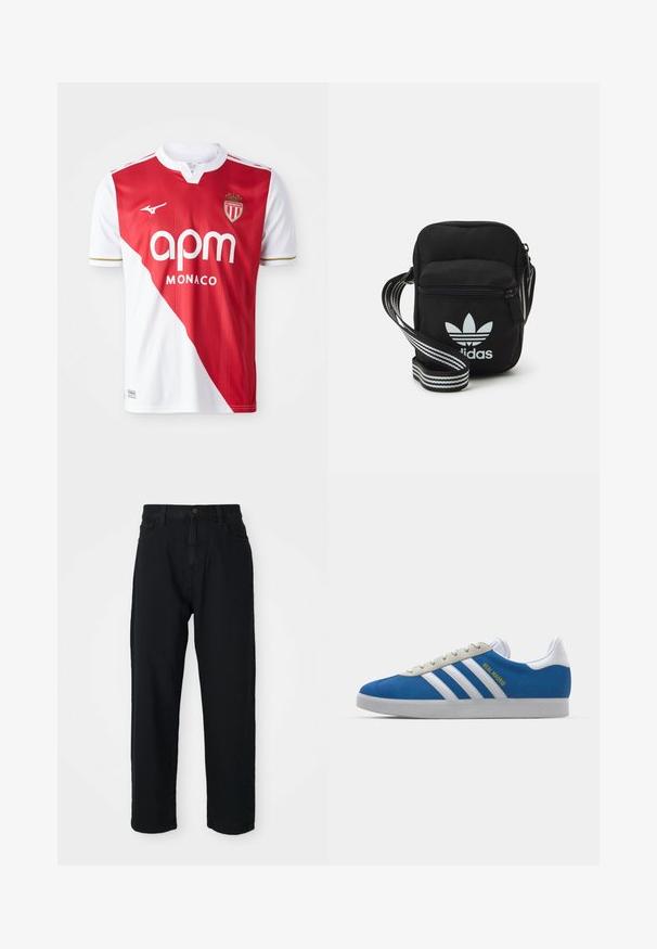 Rød og hvit fotballtrøye med kort erme, som har en skrå fargeblokk, gull detaljer, merkevarelogo og merke. Lett og pustende stoff.; Sorte denimbukser med rette ben. Har klassisk fem-lomme-design, knappeåpning og subtilt stoffmønster.; adidas Originals ADIDAS GAZELLE SHOES - Innendørsfotballsko - real madrid/bluebird/footwear white/crew yellow; Svart stoff crossbody veske med glidelås, med en hvit Adidas-logo og enstripet justerbar stropp for enkel bæring.