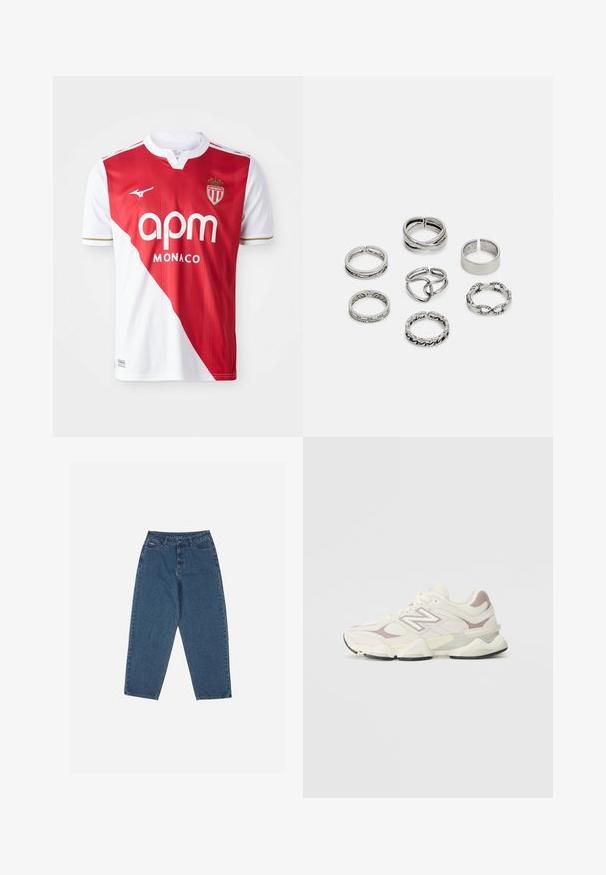 Punainen ja valkoinen lyhythihainen jalkapallopaita, jossa on diagonaalinen väriblokki, kultaiset yksityiskohdat, brändilogo ja vaakuna. Kevyt, hengittävä kangas.; Sininen farkkuhousut, joissa on rento istuvuus, korkea vyötärö, viisi taskua ja ompeluaccentit. Varustettu napilla ja vetoketjulla.; Valkoinen ja vaaleanharmaa urheilujalkine, jossa on verkkoinen ja synteettinen päällinen, pehmustettu kaula, teksturoituja yksityiskohtia ja paksu kumipohja.; Setti seitsemän hopeasormusta, joissa on erilaisia muotoiluja, kuten kierrettyjä, linkitettyjä ja kaiverruksilla varustettuja kuvioita. Eri muotoja ja leveydet.