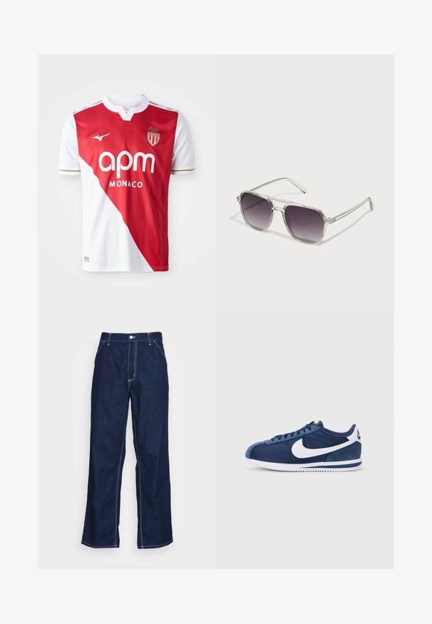 Červeno-bílý fotbalový dres s krátkým rukávem, který má diagonální barevný blok, zlaté akcenty, logo značky a erb. Lehká, prodyšná tkanina.; Tmavě modré džíny s volnými nohavicemi, vysokým pasem, předními kapsami a kontrastním bílým šitím podél švů.; Modré sportovní boty vyrobené z kombinace hladkých a semišových materiálů, se velkým bílým logem ve tvaru šiky, kulatou špičkou a texturovanou podrážkou.; Sluneční brýle s průhledným rámem ve čtvercovém tvaru a gradientními šedými skly. Úzké stříbrné detaily na stranách dodávají na zajímavosti.
