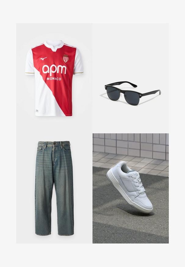 Sarkans un balts īsām piedurknēm futbola krekls ar diagonālu krāsu bloku, zelta akcentiem, zīmola logotipu un ģerboni. Viegls, elpojošs audums.; Gaiši zili džinsi ar brīvu piegriezumu, vidējo jostas augstumu un taisnām kājām. Satur piecas kabatas, jostas cilpas un pogu aizdari.; Baltas ādas sporta apavi ar perforētiem sāniem, teksturētām akcentiem, plakanu šņorēšanu un kontrastējošu pelēku papēdi. Iezīmē nedaudz paaugstinātu zole.; Melnas saulesbrilles ar taisnstūra formu, tumšiem stenģiem, sudraba akcentiem pie tempļiem un matētu apdari uz rāmja.