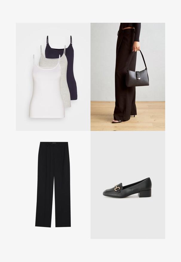 Kolm t-särki: valge, hall ja tume meresinine. Valmistatud pehmest puuvillast, õhukeste rihmadega ja liibuv disain, ilma kaunistusteta.; Mustad püksid sirgjoonelise disainiga, millel on kaks esist taskut ja muudatus. Valmistatud siledast, kergekaalulisest kangast.; Mustad nahast loafers madala kontsaga, millel on esiküljel dekoratiivne kuldne detalj ja sile tekstuur.; Must musta kott, millel on struktureeritud kuju, sile tekstuur ja metallist klamber. Kombineeritud laiate mustade pükstega ja avatud varvaste sandaalidega puidust põrandal.