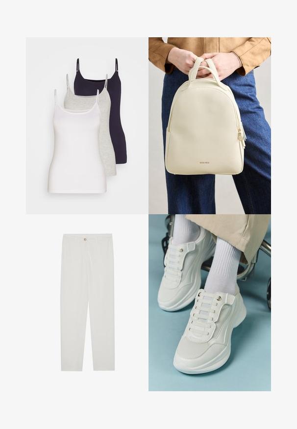 Tričko bez rukávov v bielej, šedej a tmavomodrej farbe. Vyrobené z jemnej bavlny, s tenkými ramienkami a priliehavým strihom bez ozdôb.; Biele, priliehavé nohavice s rovnými nohavicami, so zapínaním na gombík, pútkami na opasok a bočnými vreckami; hladká textúra látky.; Biele tenisky s materiálom z mlátenice, gumovou podrážkou, bezšnúrovým dizajnom s elastickými pásikmi a pozlátenými akcentmi.; Kremová batoh z umelej kože s okrúhlym tvarom, dvojitými hornými rukoväťami a zipsovým uzáverom. Obsahuje jemné logo a ozdobný ťahák zipsu.