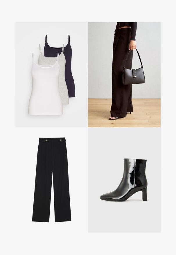 Tre tank topper i hvit, grå og mørk marineblå. Laget av myk bomull, med tynne stropper og en tettsittende design uten dekorasjoner.; Svart vide bukser med høy midje, knappdetaljer på midjebåndet og frontplisser.; Sorte patentlær ankle boot med spiss tå og en mellomhøy blokkhelt. Glatt tekstur og minimalistisk design.; Svart håndveske med strukturert form, jevn tekstur og metallisk lås. Kombinert med brede svarte bukser og sandaler med åpen tå på tregulv.