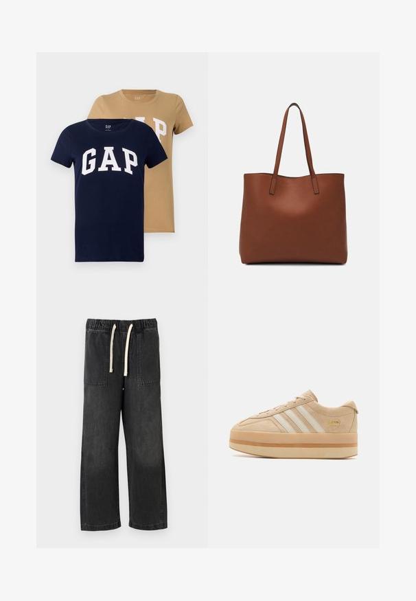 Two short-sleeve T-shirts in navy and tan colors, made of cotton. Both feature a large white "GAP" logo on the front.; Black denim pants with a relaxed fit, featuring an elastic waistband and cream drawstring, two front pockets, and visible stitching details.; Beige suede platform sneakers with white three stripes, round toe, and beige rubber sole featuring a gold logo accent on the side.; Brown leather tote bag with a smooth texture, open top design, and two shoulder straps. Features minimal stitching and no visible hardware.