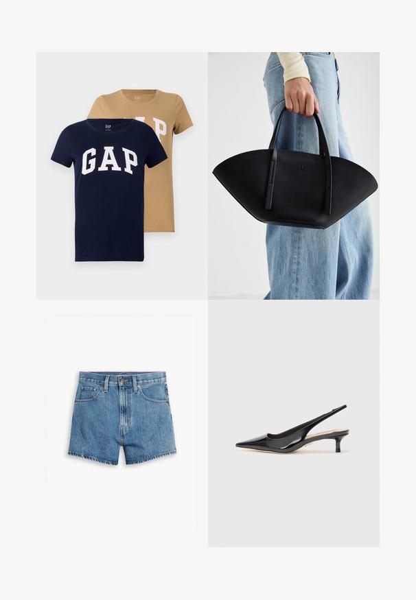 Du dvi trumpos rankovės marškiniai tamsiai mėlynos ir smėlio spalvos, pagaminti iš medvilnės. Abu turi didelį baltą "GAP" logotipą priekyje.; Šviesiai mėlyni džinsiniai šortai, turintys penkis kišenes, užtrauktuko užsegimą ir mygtuko uždarymą. Apačia yra nusidėvėjusi, o dizainas yra laisvo pjūvio.; Juoda blizgi oda slingback aukštakulniai su smailiu nosiu ir liekna vidutinio aukščio pakulne. Lygi tekstūra su minimalistiniais dizaino elementais.; Juodas odinis rankinis uždangalas unikaliu ventiliatoriaus formos dizainu, turintis plokščias rankenas. Paviršius turi akmeninė tekstūrą ir minimalistišką dizainą.