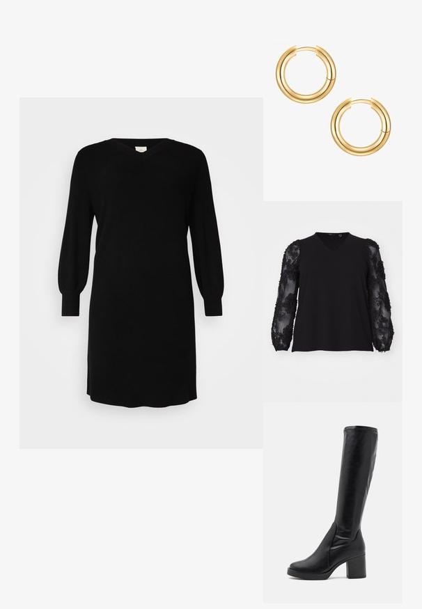 Vero Moda Curve VMCEMMALY - Maglietta a manica lunga - black; Abito nero lavorato a maglia con scollo a V, maniche lunghe a palloncino e polsini a coste. Design semplice con taglio dritto e lunghezza al ginocchio.; Stivali neri al ginocchio realizzati in pelle liscia, con tacco spesso e punta rotonda. Presentano un design senza cuciture e sottili accenti di cucitura.; Orecchini a cerchio in oro con un design a doppio strato. Superficie liscia e lucida con un meccanismo di chiusura senza soluzione di continuità. Forma rotonda con un aspetto moderno.