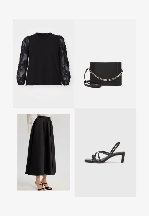 Vero Moda Curve VMCEMMALY - Maglietta a manica lunga - black; Gonna nera maxi realizzata in tessuto liscio, caratterizzata da una vita arricciata e un design fluido, abbinata a sandali neri con cinturini.; Sandalo nero con cinturini, dalla punta squadrata e tacco basso a blocco. Presenta diversi cinturini sottili e una cinturini regolabile alla caviglia. Realizzato in pelle liscia.; Borsa a tracolla nera in pelle con una texture liscia, forma rettangolare e dettaglio in catena metallica sul davanti. Inclusa una tracolla regolabile.