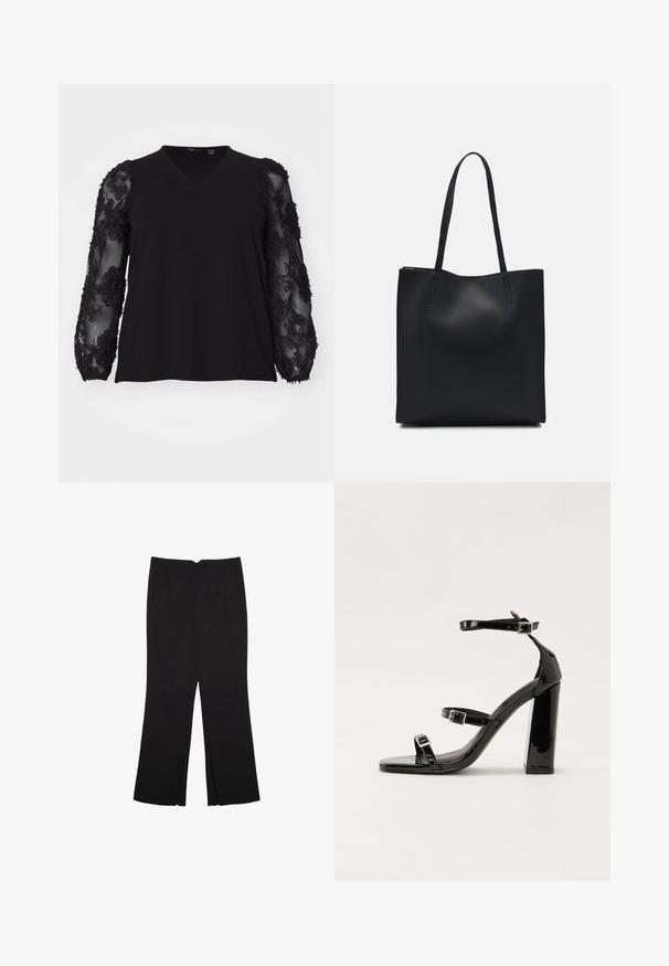 Vero Moda Curve VMCEMMALY  - Maglietta a manica lunga - black; Pantaloni neri a gamba dritta, con tasche frontali e spacchi laterali all'orlo. Realizzati in tessuto morbido e liscio. Adatti a diverse occasioni.; Sandali con tacco in vernice nera, con punta squadrata, cinturini alla caviglia e fibbie in argento. Presentano un tacco a blocco spesso per maggiore stabilità.; Borsa tote in pelle nera con texture liscia, forma rettangolare e due manici lunghi. Nessun hardware o decorazione visibile.