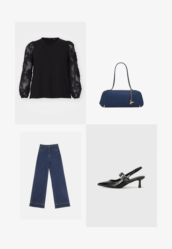Vero Moda Curve VMCEMMALY - Long sleeved top - black; Wide-leg jeans in dark blue denim. Features five pockets, belt loops, and a raw hem at the bottom with visible stitching details.; Black patent leather slingback heels with a pointed toe and a small block heel, featuring a silver buckle accent on the strap.; ALDO THALELI - Handbag - navy