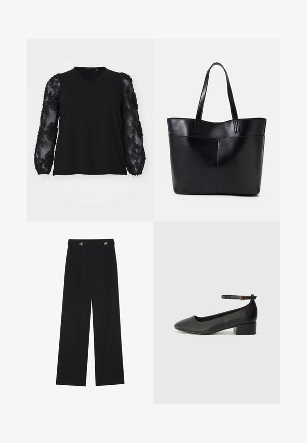 Vero Moda Curve VMCEMMALY - Camisola de manga comprida - black; Calças largas pretas com cintura alta, detalhes em botão na cintura e pregas frontais.; Sandal de pele preta com bico pontiagudo e um salto bloco baixo. Apresenta uma tira no tornozelo com uma fivela em tom dourado. Textura suave.; Bolsa tote preta em couro com duas alças longas, textura suave e forma estruturada. Apresenta um bolso frontal para armazenamento adicional.