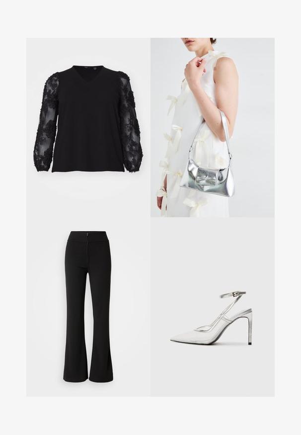 Vero Moda Curve VMCEMMALY  - Long sleeved top - black; Black flared pants made from stretchy fabric, featuring a fitted high waist and a front zip detail. Smooth texture with no patterns.; Clear stiletto heel shoe with a pointed toe, transparent material, metallic silver accents, and adjustable ankle strap.; Silver metallic handbag with a structured shape, featuring a top handle and bow detail on the front. Smooth texture, reflective finish.; Silver double-band ring with a smooth, polished surface. Features a fluid, curved design with overlapping sections for a modern look.