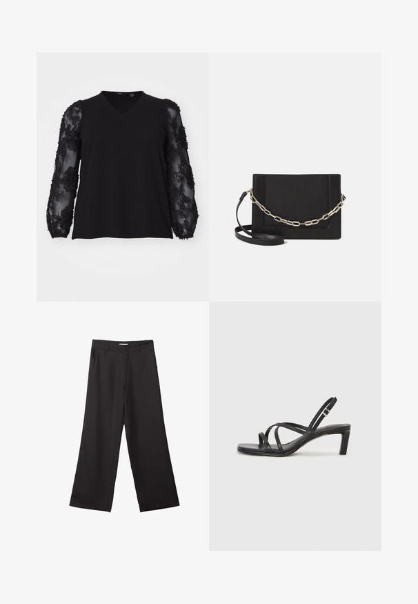 Vero Moda Curve VMCEMMALY czarny; Czarne spodnie z szerokimi nogawkami, wykonane z gładkiego materiału, z przednim zamkiem błyskawicznym i dwoma bocznymi kieszeniami, o dopasowanym kroju i minimalistycznym wzornictwie.; Czarne sandały na obcasie z prostokątnym noskiem i niskim słupkowym obcasem. Posiadają wiele cienkich pasków i regulowany pasek na kostkę. Wykonane z gładkiej skóry.; Czarna skórzana torebka typu crossbody z gładką teksturą, prostokątnym kształtem oraz metalowym detalem w postaci łańcuszka z przodu. W zestawie regulowany pasek.